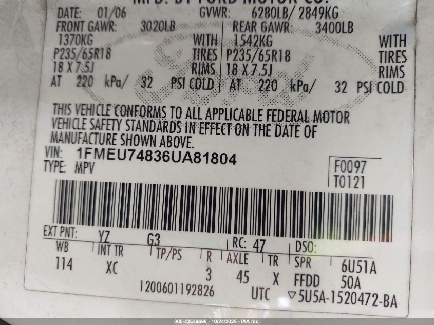 2006 Ford Explorer Eddie Bauer VIN: 1FMEU74836UA81804 Lot: 43539698