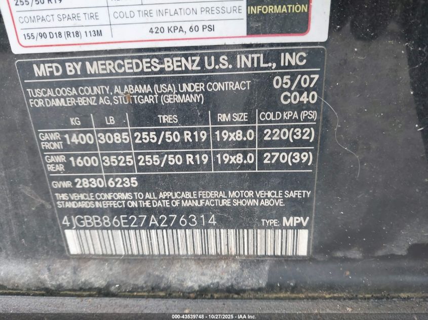 2007 Mercedes-Benz Ml 350 4Matic VIN: 4JGBB86E27A276314 Lot: 43539748