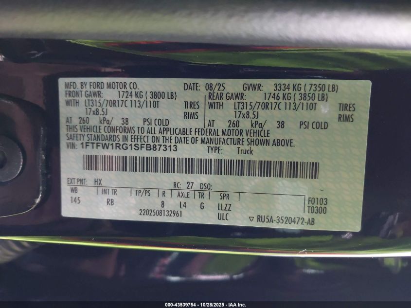2025 Ford F-150 Raptor VIN: 1FTFW1RG1SFB87313 Lot: 43539754