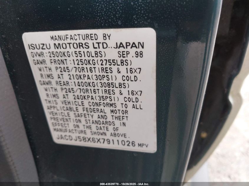 1999 Isuzu Trooper S VIN: JACDJ58X6X7911026 Lot: 43539778