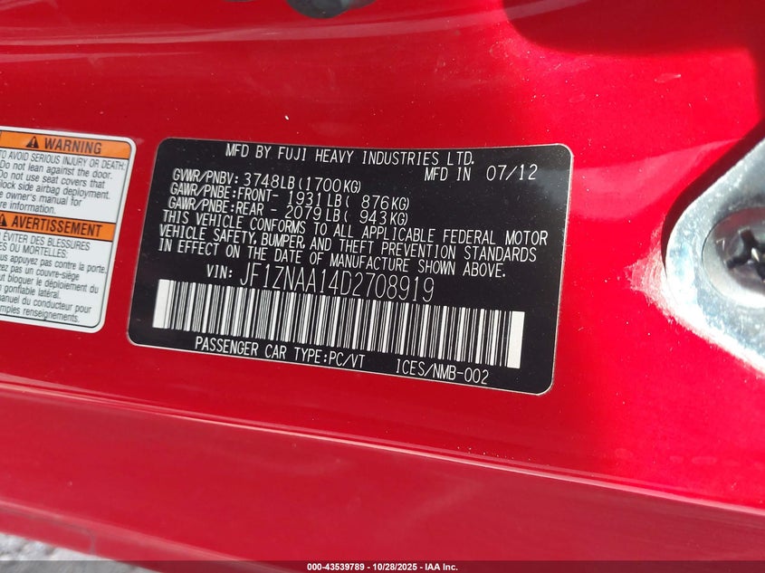 2013 Scion Fr-S VIN: JF1ZNAA14D2708919 Lot: 43539789