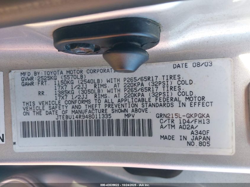 2004 Toyota 4Runner Sr5 Sport V6 VIN: JTEBU14R948011335 Lot: 43539822