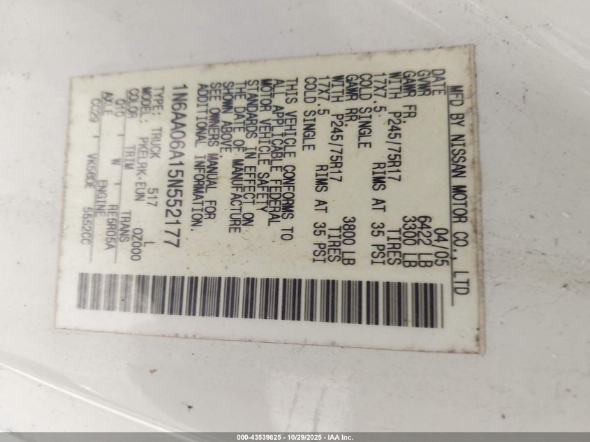 2005 Nissan Titan Xe VIN: 1N6AA06A15N552177 Lot: 43539825