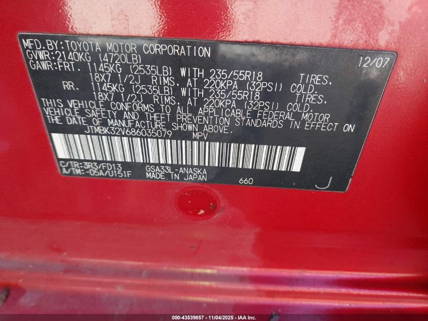 2008 Toyota Rav4 Sport V6 VIN: JTMBK32V686035079 Lot: 43539857