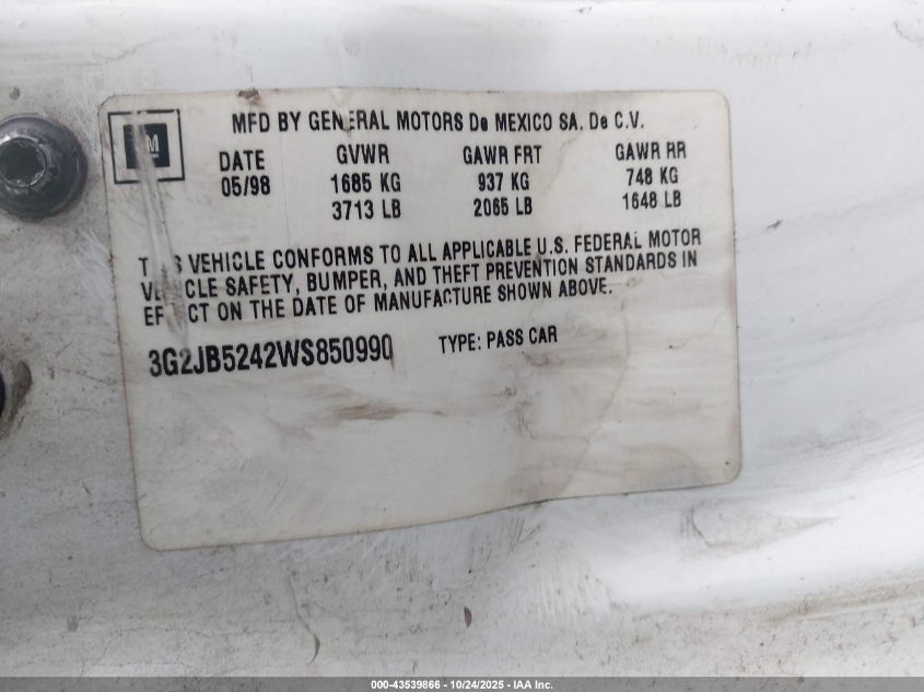 1998 Pontiac Sunfire Se VIN: 3G2JB5242WS850990 Lot: 43539866