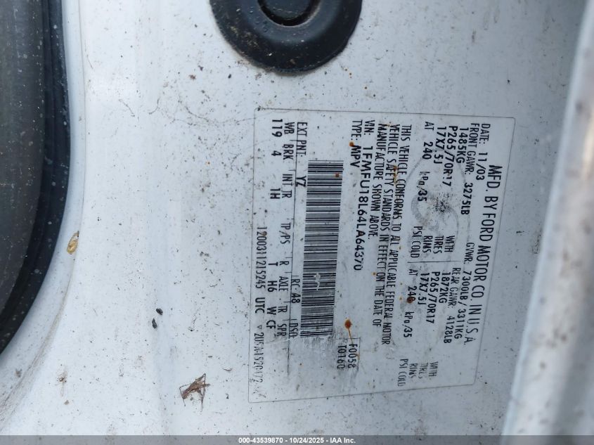 2004 Ford Expedition Eddie Bauer VIN: 1FMFU18L64LA64370 Lot: 43539870