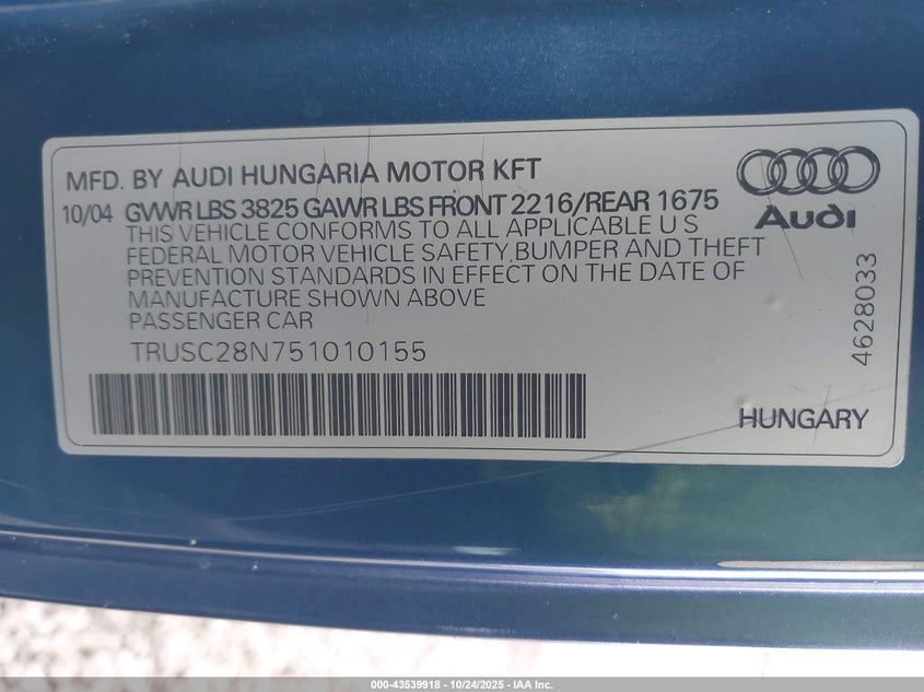 TRUSC28N751010155 2005 AUDI TT photo no. 9