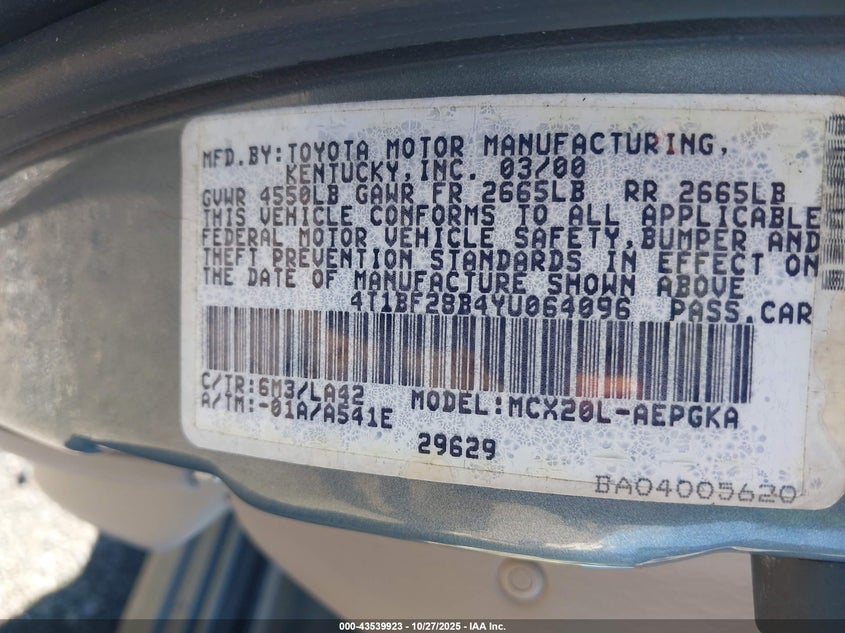 2000 Toyota Avalon Xls VIN: 4T1BF28B4YU064096 Lot: 43539923