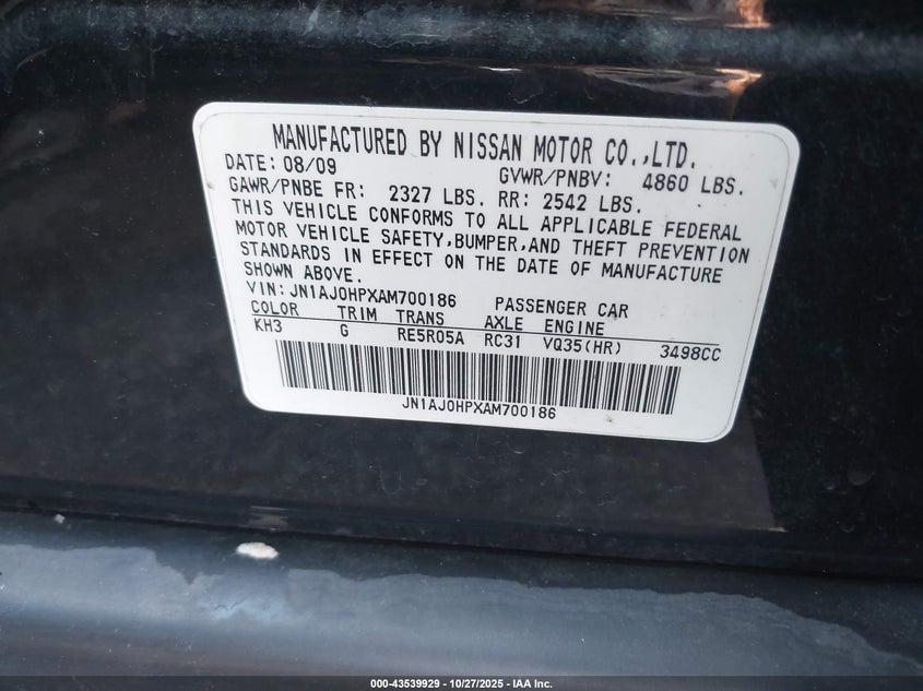 2010 Infiniti Ex35 Journey VIN: JN1AJ0HPXAM700186 Lot: 43539929