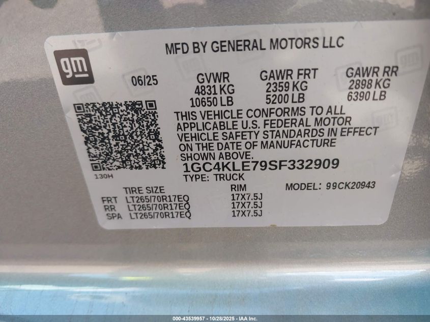 2025 Chevrolet Silverado 2500Hd 4Wd Long Bed Work Truck VIN: 1GC4KLE79SF332909 Lot: 43539957