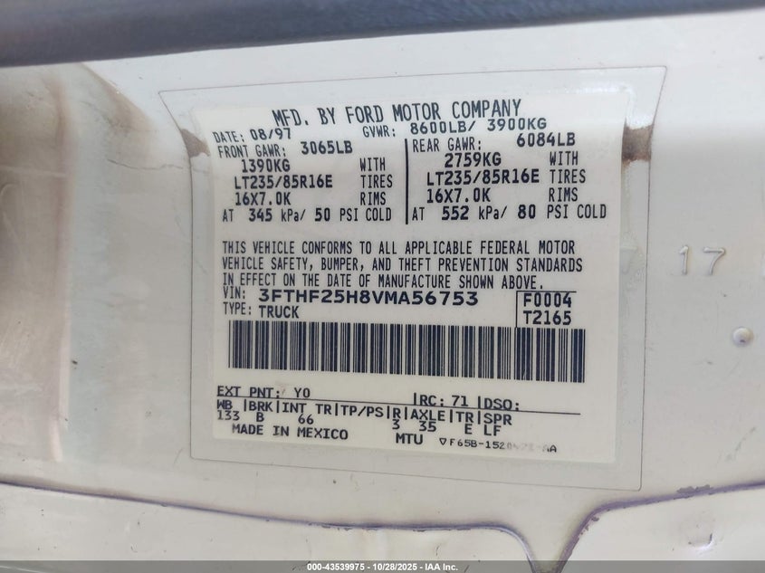1997 Ford F-250 Xl VIN: 3FTHF25H8VMA56753 Lot: 43539975