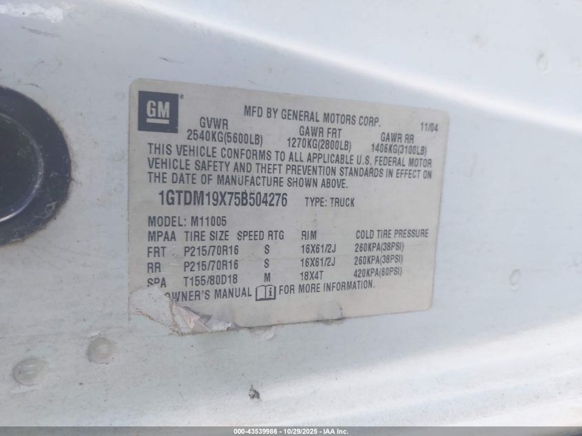 2005 GMC Safari Standard VIN: 1GTDM19X75B504276 Lot: 43539986