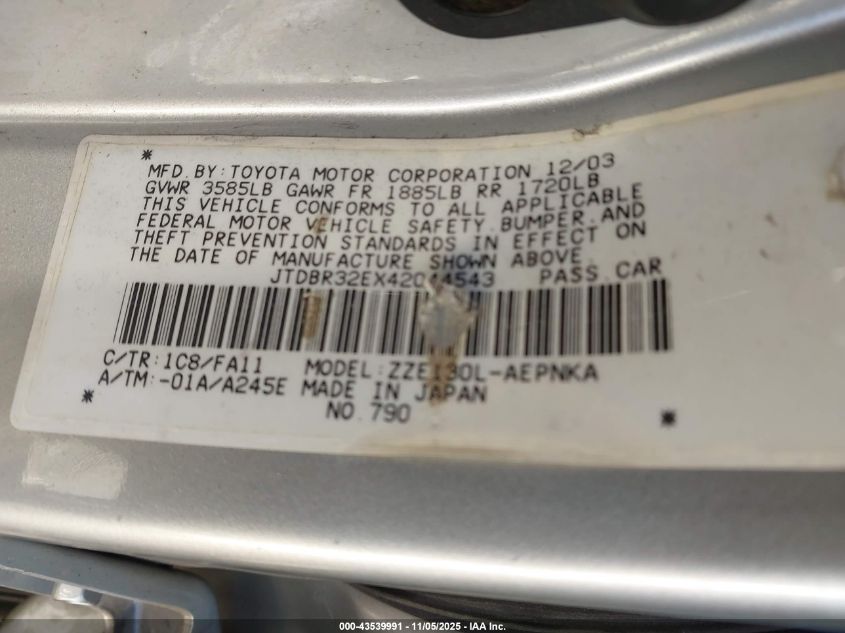 2004 Toyota Corolla Le VIN: JTDBR32EX42044543 Lot: 43539991