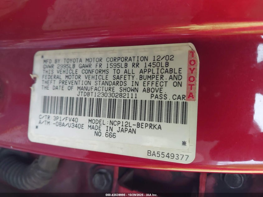 2003 Toyota Echo VIN: JTDBT123030282111 Lot: 43539995