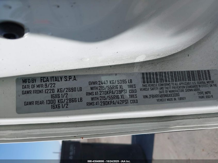 2022 Ram Promaster City Cargo Van VIN: ZFBHRFAB9N6X83080 Lot: 43540006