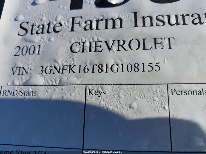 2001 Chevrolet Suburban 1500 Lt VIN: 3GNFK16T81G108155 Lot: 43540019