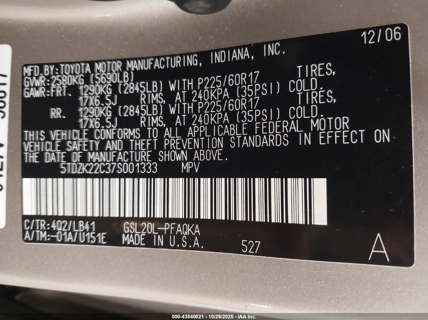 2007 Toyota Sienna Xle VIN: 5TDZK22C37S001333 Lot: 43540021