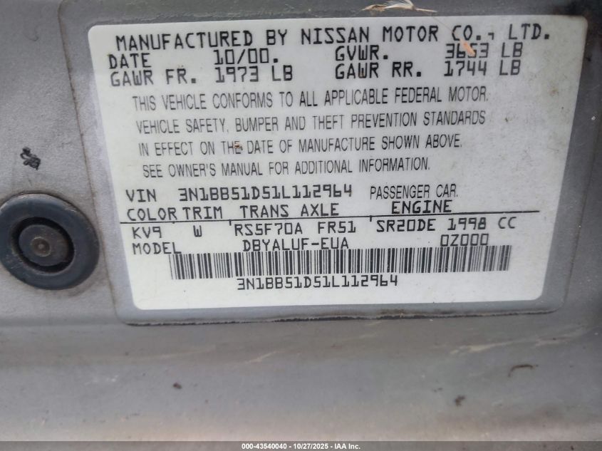 2001 Nissan Sentra Se VIN: 3N1BB51D51L112964 Lot: 43540040