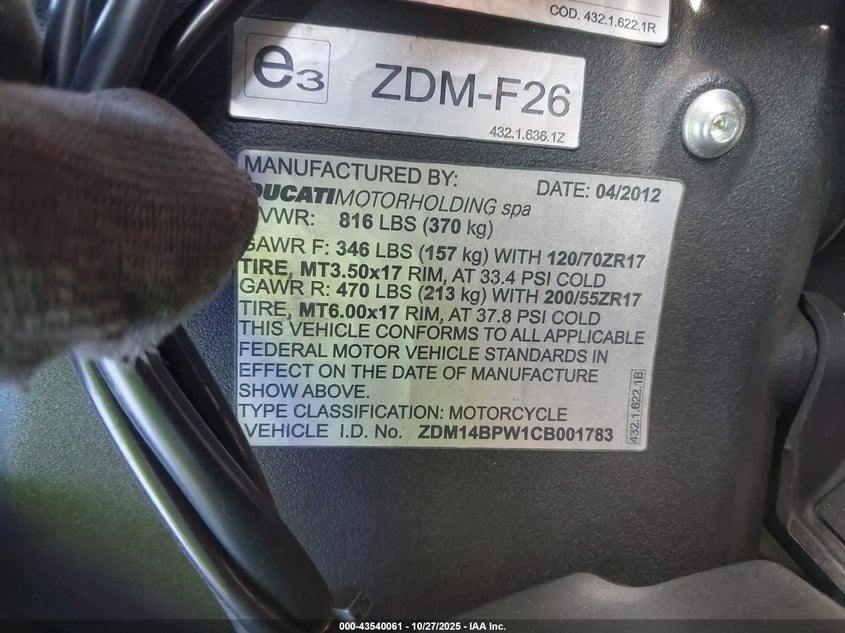 2012 Ducati Superbike 1199 Panigale/S VIN: ZDM14BPW1CB001783 Lot: 43540061