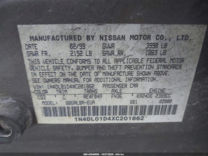 1999 Nissan Altima Gle/Gxe/Se/Se-L/Xe VIN: 1N4DL01D4XC201862 Lot: 43540065