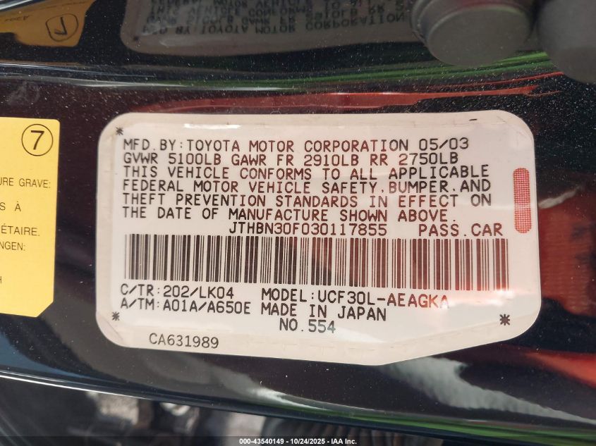 2003 Lexus Ls 430 VIN: JTHBN30F030117855 Lot: 43540149