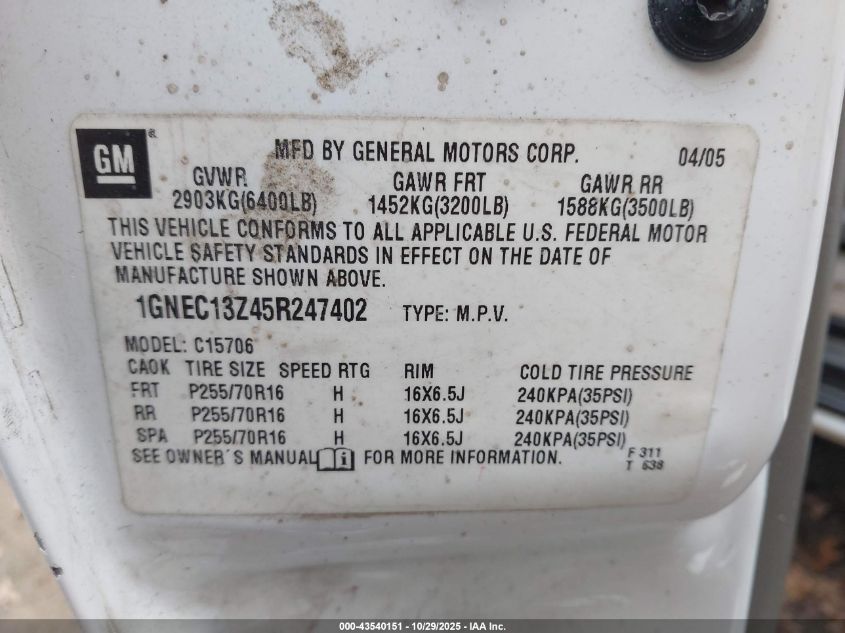 2005 Chevrolet Tahoe Police VIN: 1GNEC13Z45R247402 Lot: 43540151