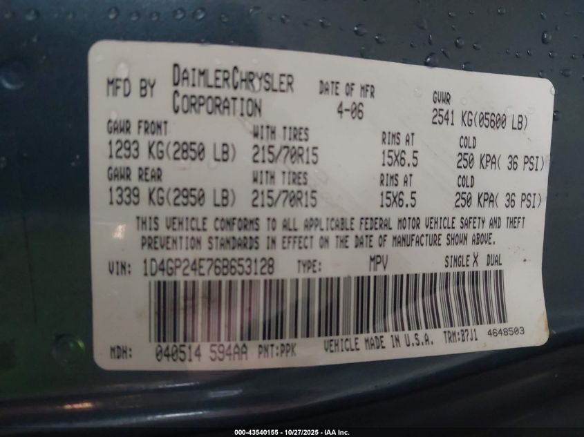 2006 Dodge Grand Caravan Se VIN: 1D4GP24E76B653128 Lot: 43540155