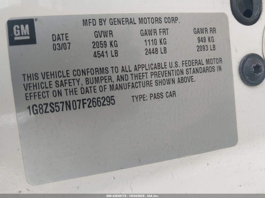 2007 Saturn Aura Xe VIN: 1G8ZS57N07F266295 Lot: 43540175