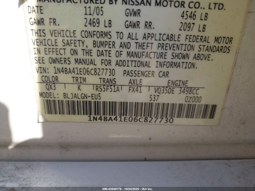 2006 Nissan Maxima 3.5 Sl VIN: 1N4BA41E06C827730 Lot: 43540176