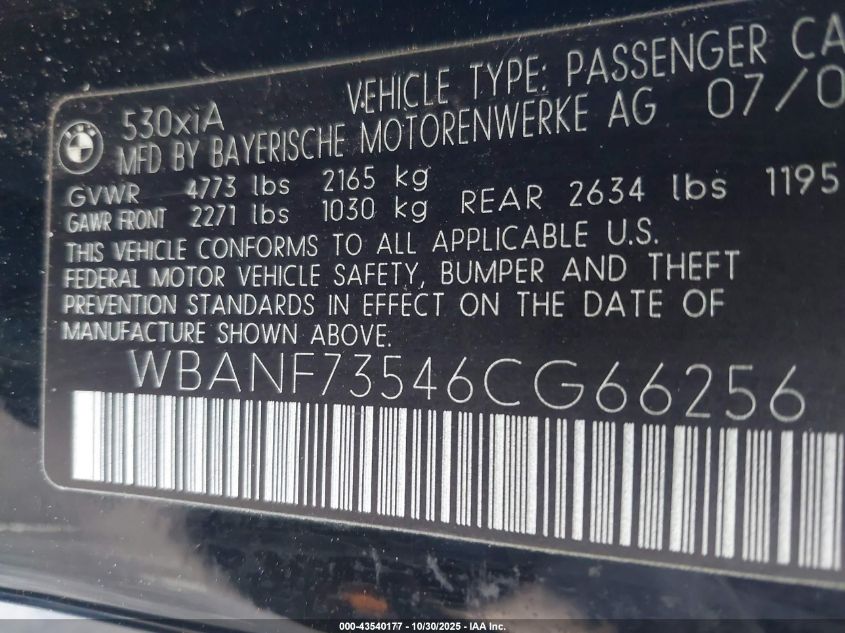 2006 BMW 530Xi VIN: WBANF73546CG66256 Lot: 43540177