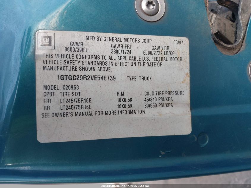 1997 GMC Sierra 2500 Hd Sl VIN: 1GTGC29R2VE548739 Lot: 43540206