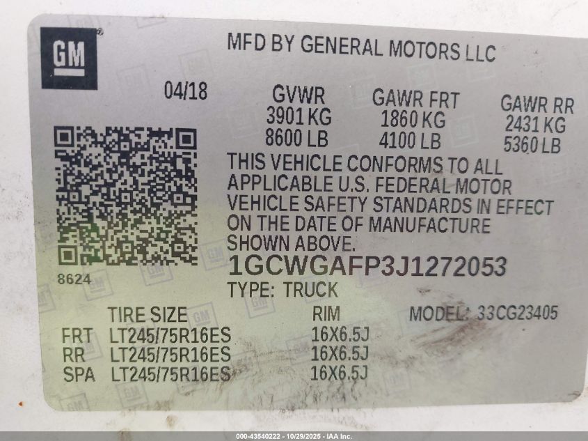 2018 Chevrolet Express 2500 Work Van VIN: 1GCWGAFP3J1272053 Lot: 43540222