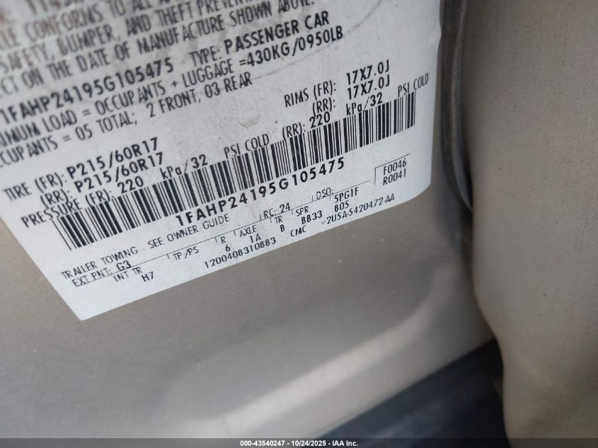 2005 Ford Five Hundred Sel VIN: 1FAHP24195G105475 Lot: 43540247