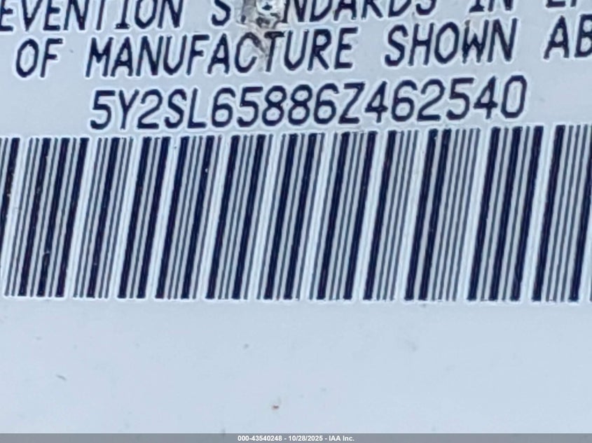 2006 Pontiac Vibe VIN: 5Y2SL65886Z462540 Lot: 43540248