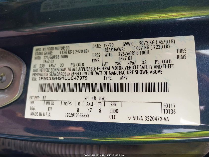 2020 Ford Escape Sel VIN: 1FMCU9H91LUC47979 Lot: 43540262