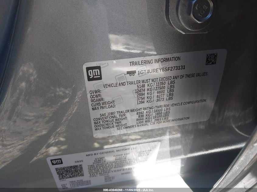 2025 GMC Sierra 2500Hd 4Wd Standard Bed Denali VIN: 1GT4UREY6SF273131 Lot: 43540268