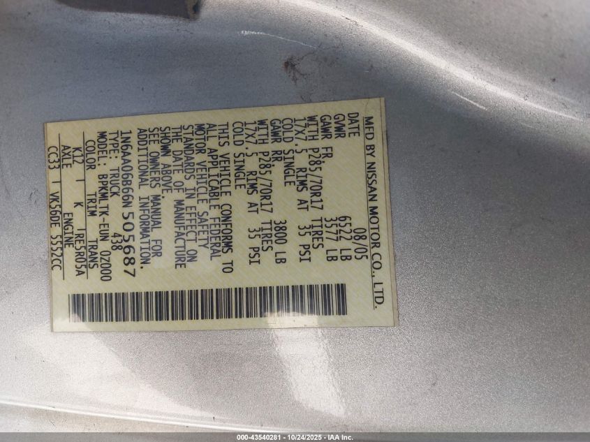 2006 Nissan Titan Se VIN: 1N6AA06B66N505687 Lot: 43540281