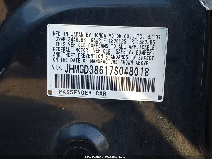 2007 Honda Fit Sport VIN: JHMGD38617S048018 Lot: 43540287