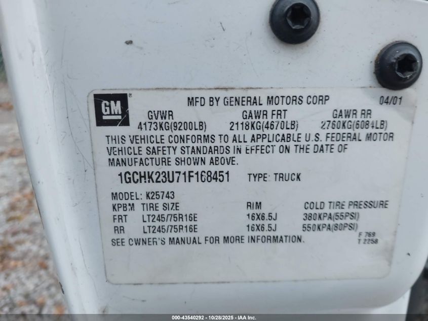 2001 Chevrolet Silverado 2500Hd Ls VIN: 1GCHK23U71F168451 Lot: 43540292
