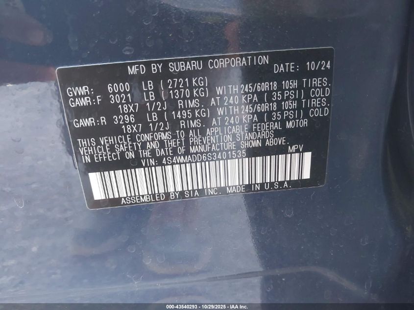 2025 Subaru Ascent Premium 7-Passenger VIN: 4S4WMADD6S3401535 Lot: 43540293