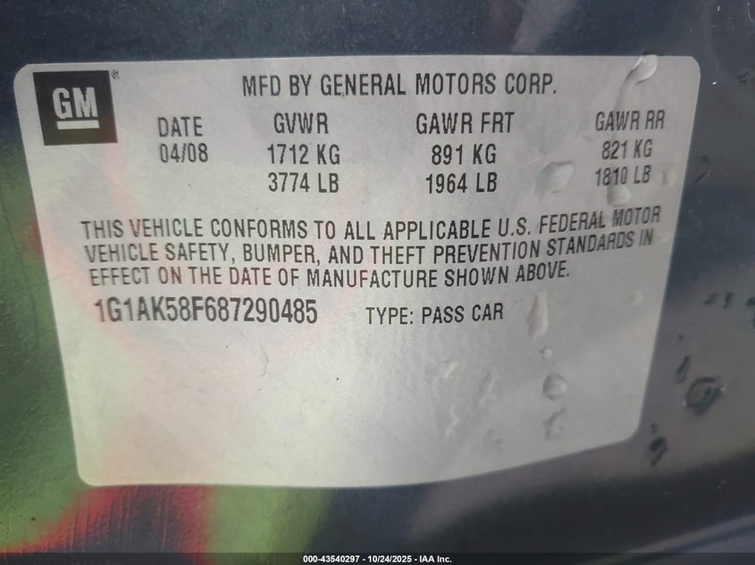 2008 Chevrolet Cobalt Ls VIN: 1G1AK58F687290485 Lot: 43540297