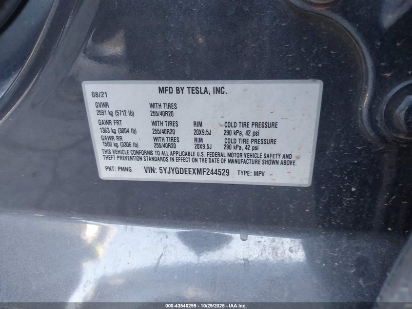 2021 Tesla Model Y Long Range Dual Motor All-Wheel Drive VIN: 5YJYGDEEXMF244529 Lot: 43540299
