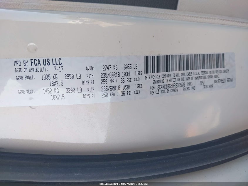 2017 Chrysler Pacifica Touring Plus VIN: 2C4RC1BG5HR839576 Lot: 43540321