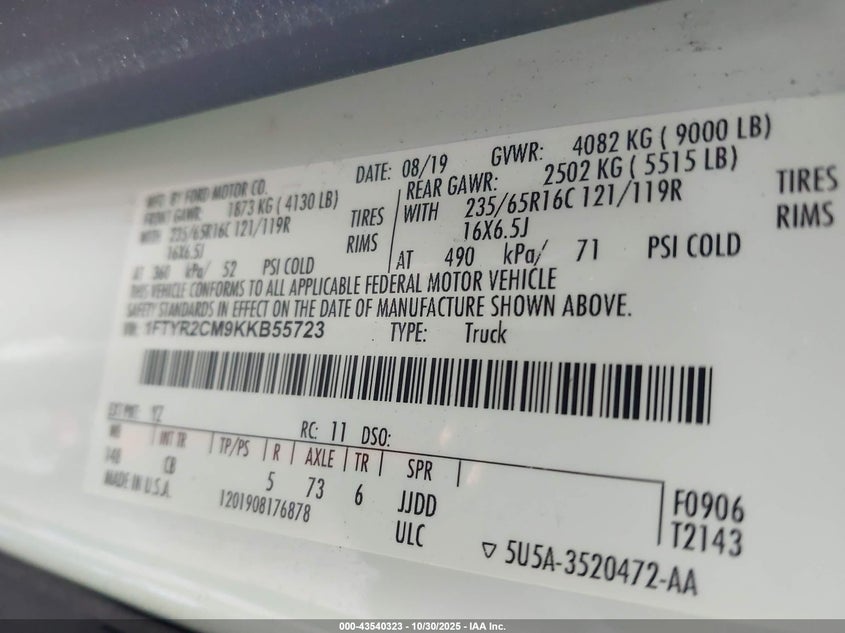 2019 Ford Transit-250 VIN: 1FTYR2CM9KKB55723 Lot: 43540323