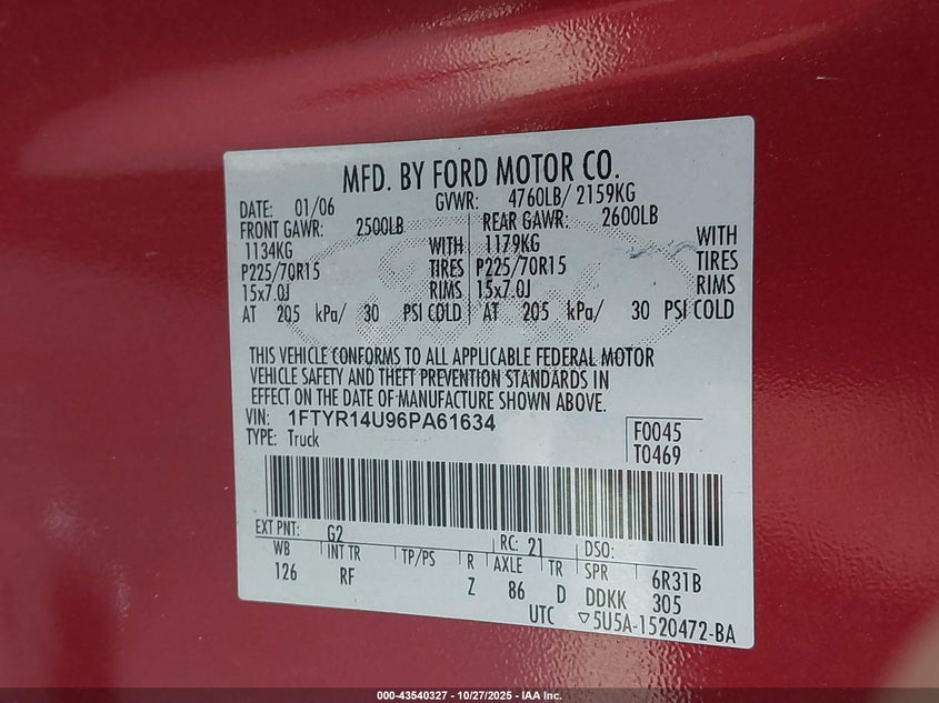 2006 Ford Ranger Sport/Stx/Xl/Xlt VIN: 1FTYR14U96PA61634 Lot: 43540327