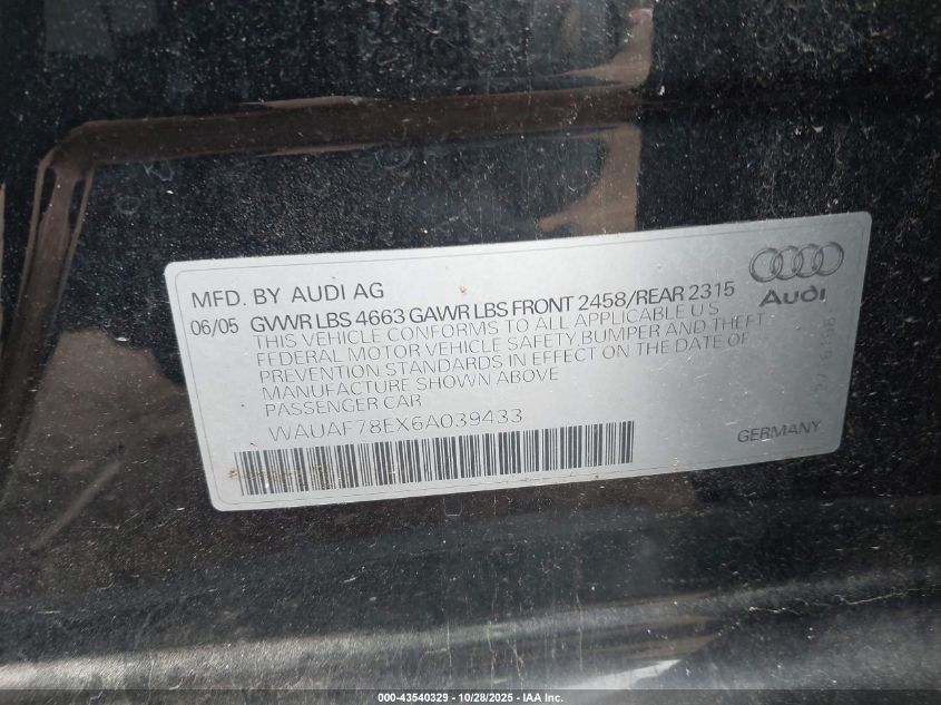 2006 Audi A4 2.0T VIN: WAUAF78EX6A039433 Lot: 43540329