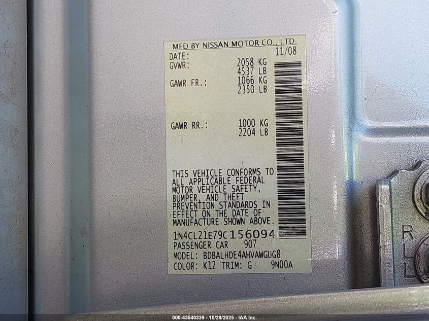 2009 Nissan Altima Hybrid VIN: 1N4CL21E79C156094 Lot: 43540339