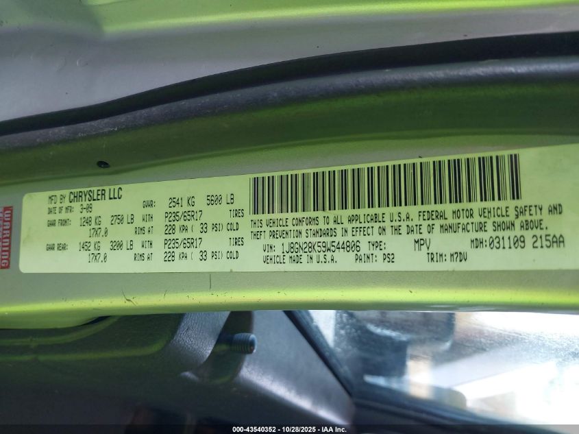 2009 Jeep Liberty Sport VIN: 1J8GN28K59W544806 Lot: 43540352