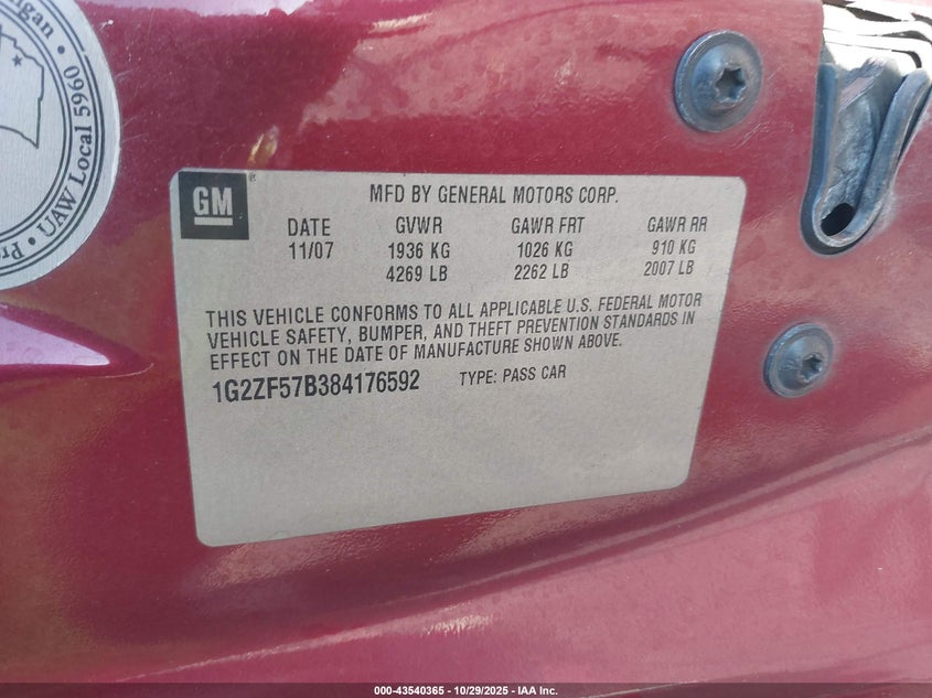 2008 Pontiac G6 Value Leader VIN: 1G2ZF57B384176592 Lot: 43540365