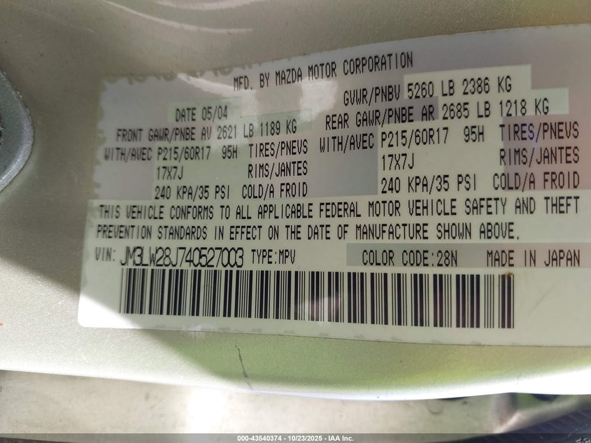 2004 Mazda Mpv Es VIN: JM3LW28J740527003 Lot: 43540374